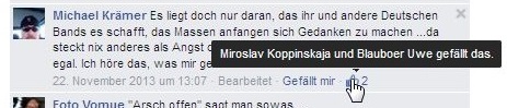 Facebook-Veröffentlichung von Mirko Kopper, Kopper liked antisemitischen Kommentar unter seinem Beitrag vom 21. November 2013 