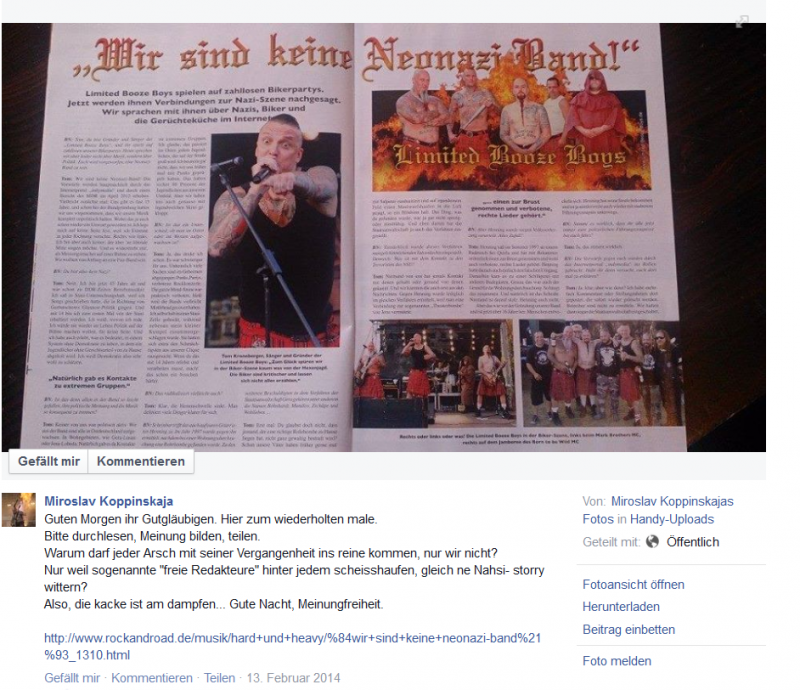 Facebook-Veröffentlichung von Mirko Kopper, 13. Februar 2014 