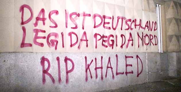 Graffiti von der unangemeldeten Demo in Leipzig zum Mord an Khaled
