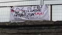Transpi am 13. April 2014 an einer Brücke in Wuppertal. Ein Bild das während der Kampagne “AZ Bleibt an der Gathe!” vermutlich öfter zu sehen sein wird.