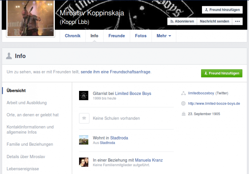 Profilübersicht von Mirko Kopper („Koppi“), alias „Miroslav Koppinskaja“ auf Facebook
