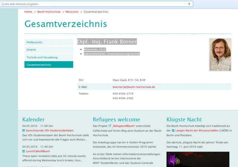 Website der Beuth Hochschule: Frank Börner wird als Mitarbeiter geführt, unten Refugees Welcome-Initiative (Stand 03.05.2016)