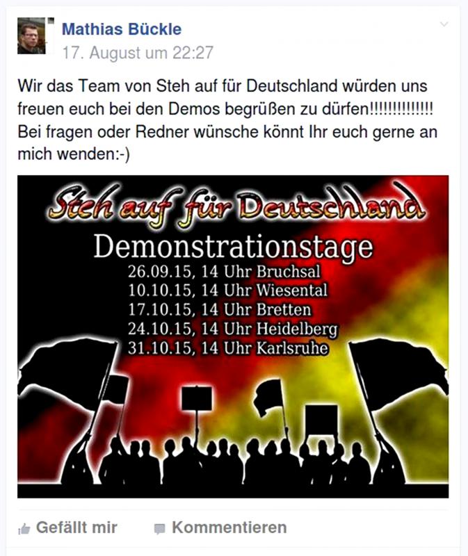 So wird von Matthias Bückle zur Hool-Demotour aufgerufen (Screenshot aus Facebook)