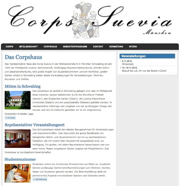 Screenshot der Homepage des "Corps Suevia": Studentenverbindung seit 1803
