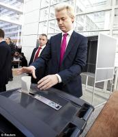 Mr Wilders cast his vote in The Hague where his Freedom Party came second in a local poll.He is on course to win the national election