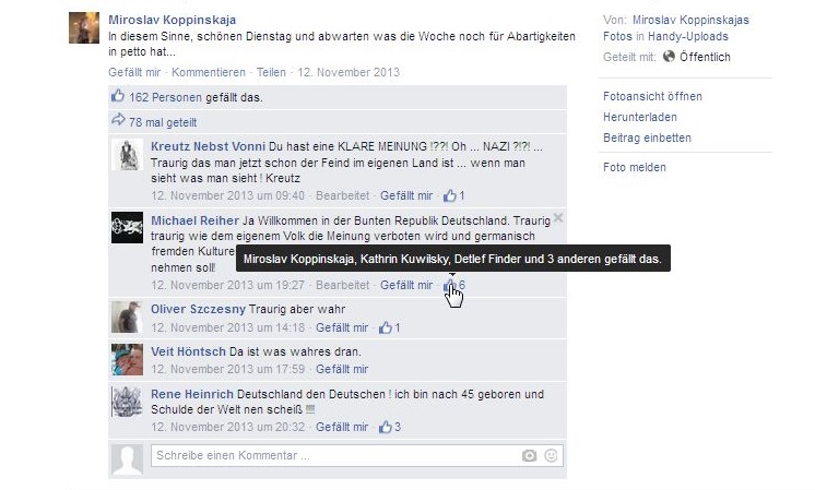 Facebook-Veröffentlichung von Mirko Kopper, Kopper liked rechtsradikale Kommentare, 12.November 2013