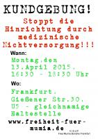 Kundgebung:Mo. 13. April 2015, 18:30 UhrUS-Generalkonsulat Giessener Str. 30 60435 Frankfurt a.M.