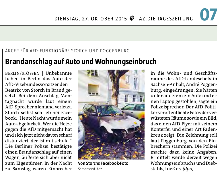 TAZ: »Brandanschlag auf Auto und Wohnungseinbruch«