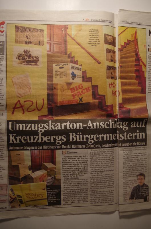 B.Z.-Artikel: Umzugskartonanschlag auf Kreuzbergs Bürgermeisterin