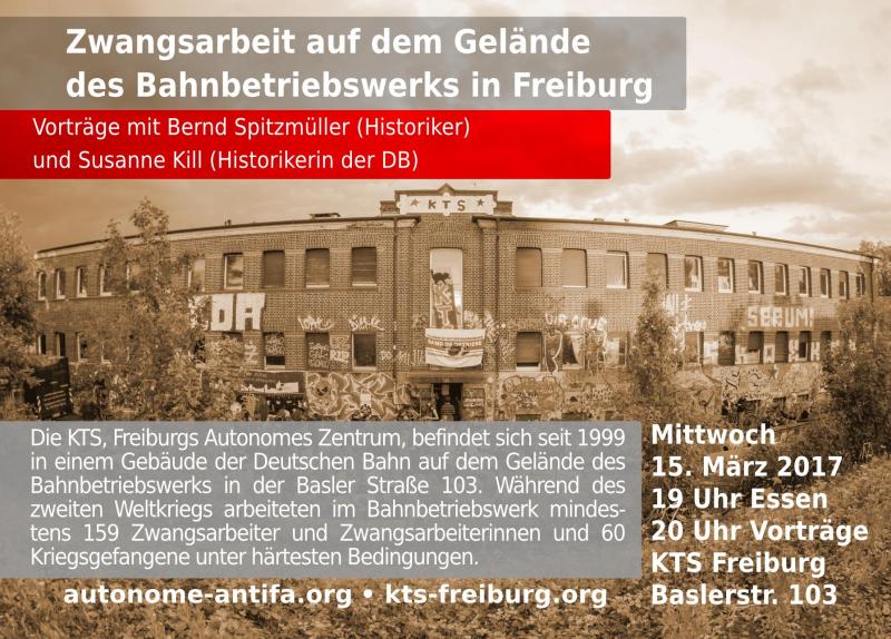 Vorderseite des Flyers zur Veranstaltung „Zwangsarbeit auf dem Gelände des Bahnbetriebswerks in Freiburg“