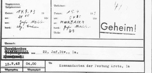 The telegram by the German occupation forces active n Viannos, dated 4am, September 15, 1943. This document was given to Syngelakis by Dr. Martin Seckendorf when Syngelakis has visited Berlin in June 2013. The telegram by the German occupation forces active n Viannos, dated 4am, September 15, 1943. This document was given to Syngelakis by Dr. Martin Seckendorf when Syngelakis has visited Berlin in June 2013.