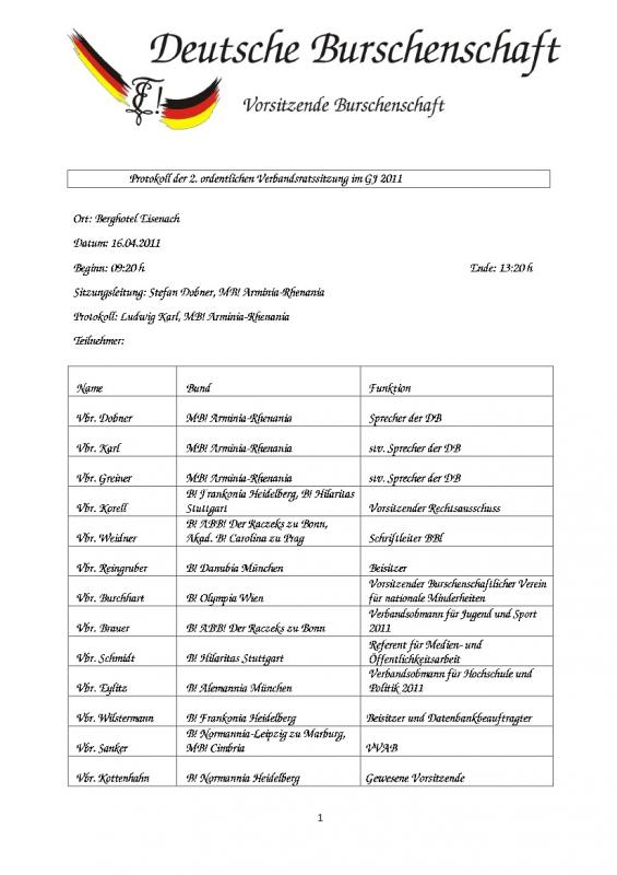 Protokoll 2. Verbandsratssitzung 16.04.2011 "Deutsche Burschenschaft"