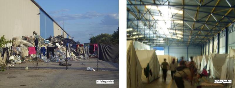 Müllberg hinter Fabrikhalle und Zelte der UNO in Halle
