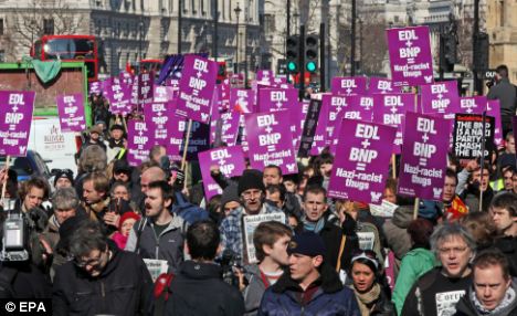 Angry scenes - Dozens of anti-fascist demonstrators march past the Houses of Parliament