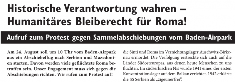 Aufruf zum Protest gegen Sammelabschiebungen vom Baden-Airpark 21. August 2015