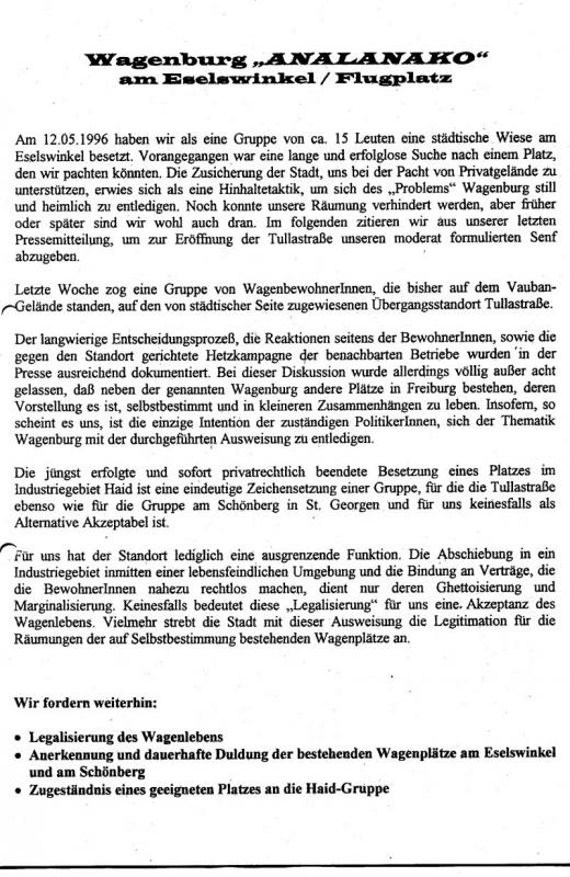 1997: Stellungnahme der Wagenburg Analanako/Fliegende Wägen über die Schaffung des städtischen Wagenplatzes Eselwinkel/Übergangsgelände Tullastraße