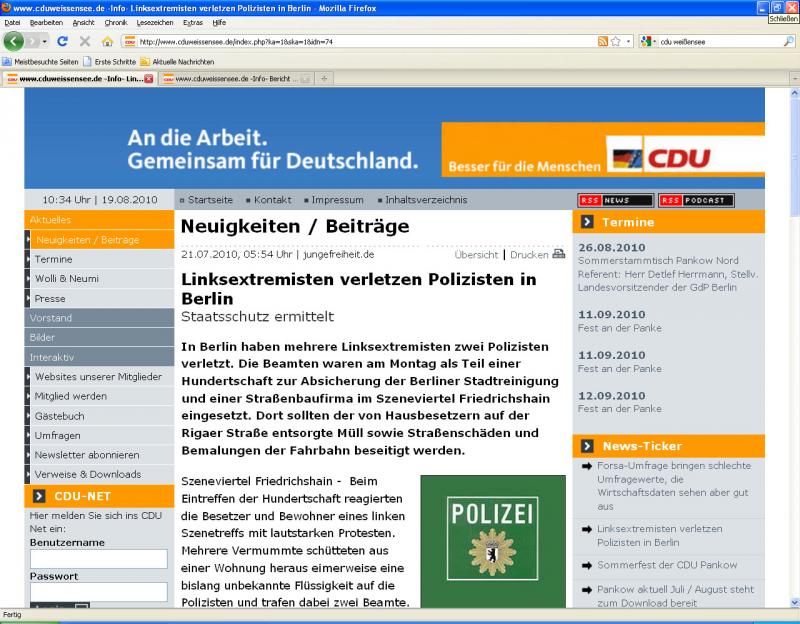 Screenshot des "Junge Freiheit"-Artikels auf der CDU-Weißensee-Website