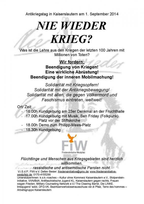Flyer zum Antikriegstag am 1. September in Kaiserslautern