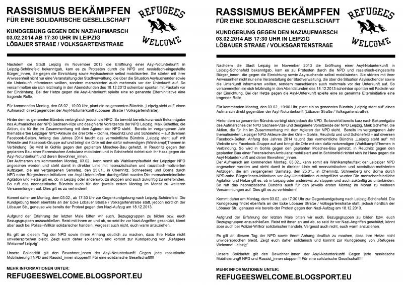 Flyer: Aufruf Kundgebung gegen Nazi-Aufmarsch am 03.02. in LE-Schönefeld