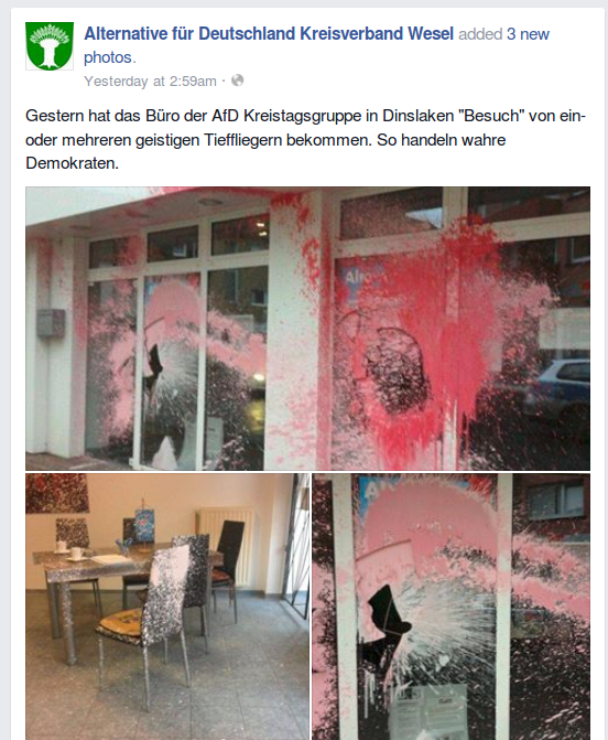 AfD-Kreisverband Wesel auf Facebook: AfD-Büro kaputt.