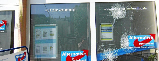 Fünf Pflastersteine flogen in der Nacht vom Sonntag zum Montag in die Fensterscheibe des AfD-Büros in der Rudolf-Diener-Straße.