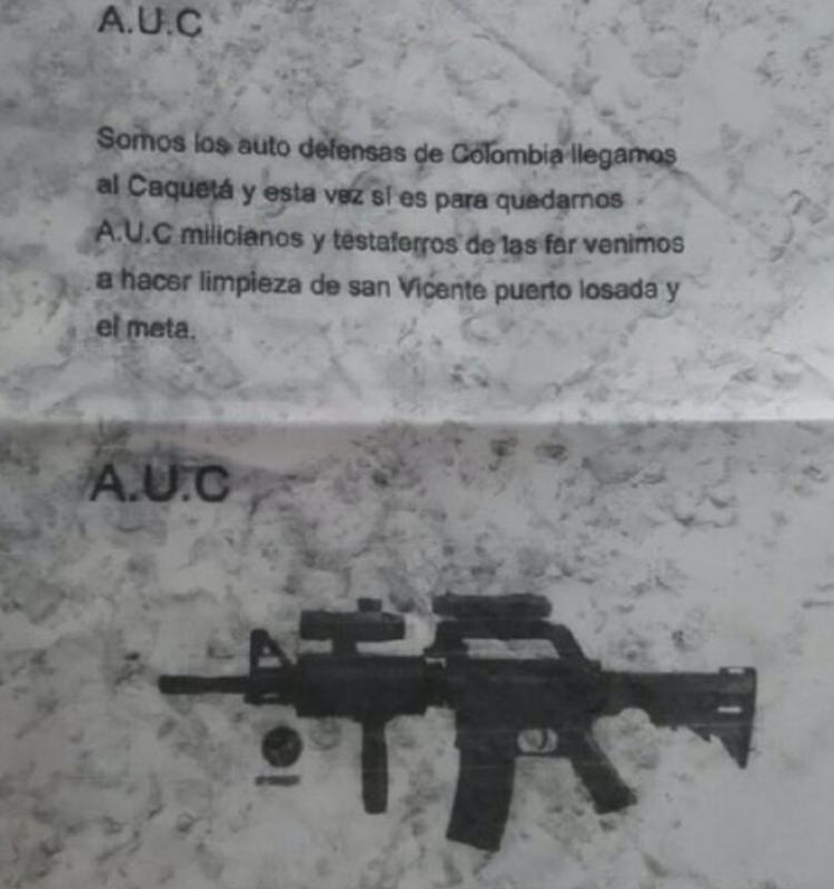 Eine typische Morddrohung der Paramilitärs mit dem altbekannten Para-label AUC (Autodefensas Unidas de Colombia)