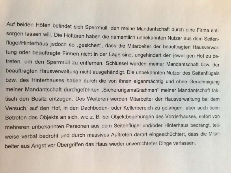 In dem Brief vom 31. Mai bittet André Tessmer in Vertretung des Haus-Eigentümers (laut Grundbuch die britische Firma Lafone Investment Ltd.) um Polizeihilfe (Foto: Privat)