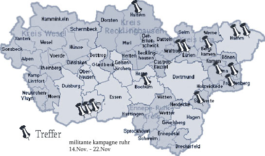 Karte: Militante Kampagne gegen Kriegerdenkmäler in NRW