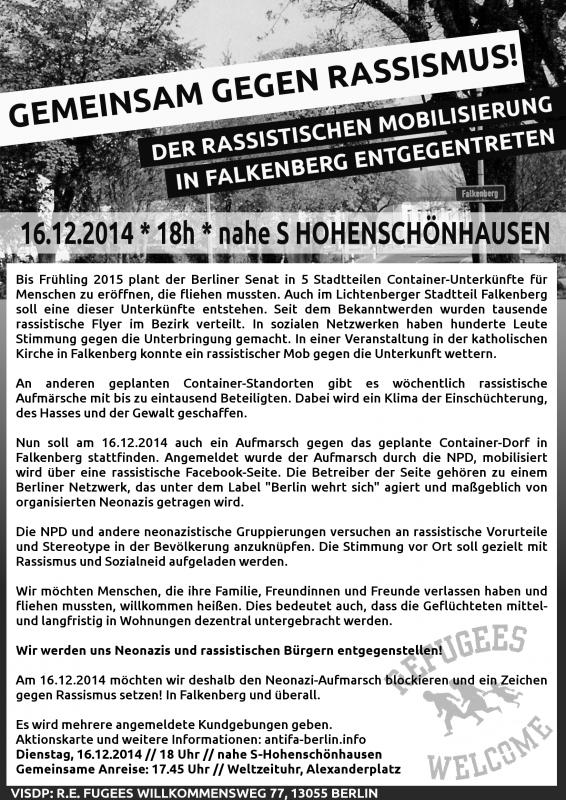 Plakat "Gemeinsam gegen Rassismus! Den rassistischen Mobilisierungen in Falkenberg entgegentreten"