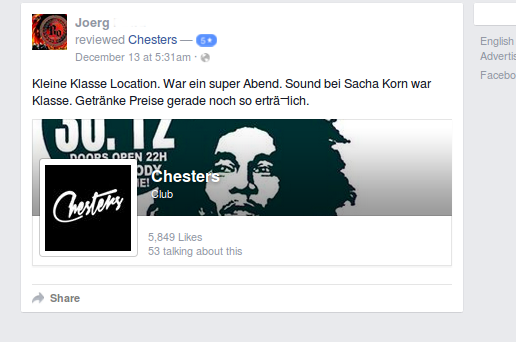 Kommentar eines Konzertgastes (Screenshot von der Facebook-Seite des „Chesters“)