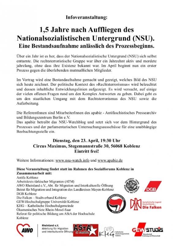 Bündnisflyer zur Infoveranstaltung zum Nationalsozialistischen Untergrund (NSU) am 23.04.2013 in Koblenz