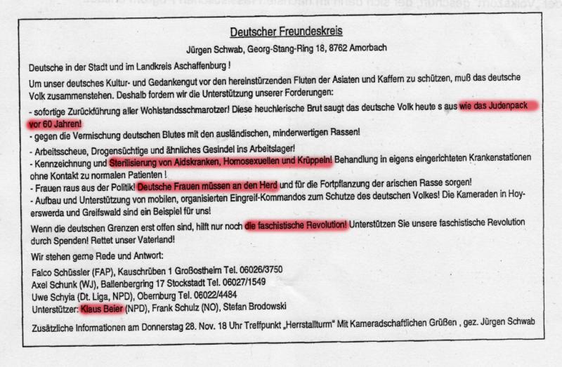 Klaus Beier unterstütze "faschistische Aktionswochen" 1991 in Aschaffenburg*