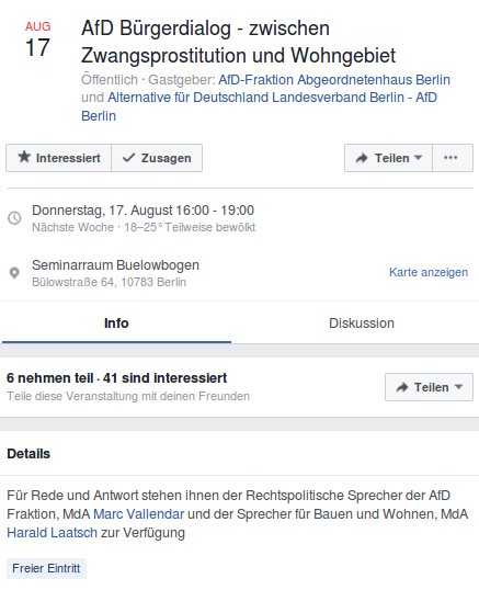 Facebook-Veranstaltungsankündigung des Berliner AfD-Landesverbandes für die Veranstaltung im "Seminarraum Bülowbogen".
